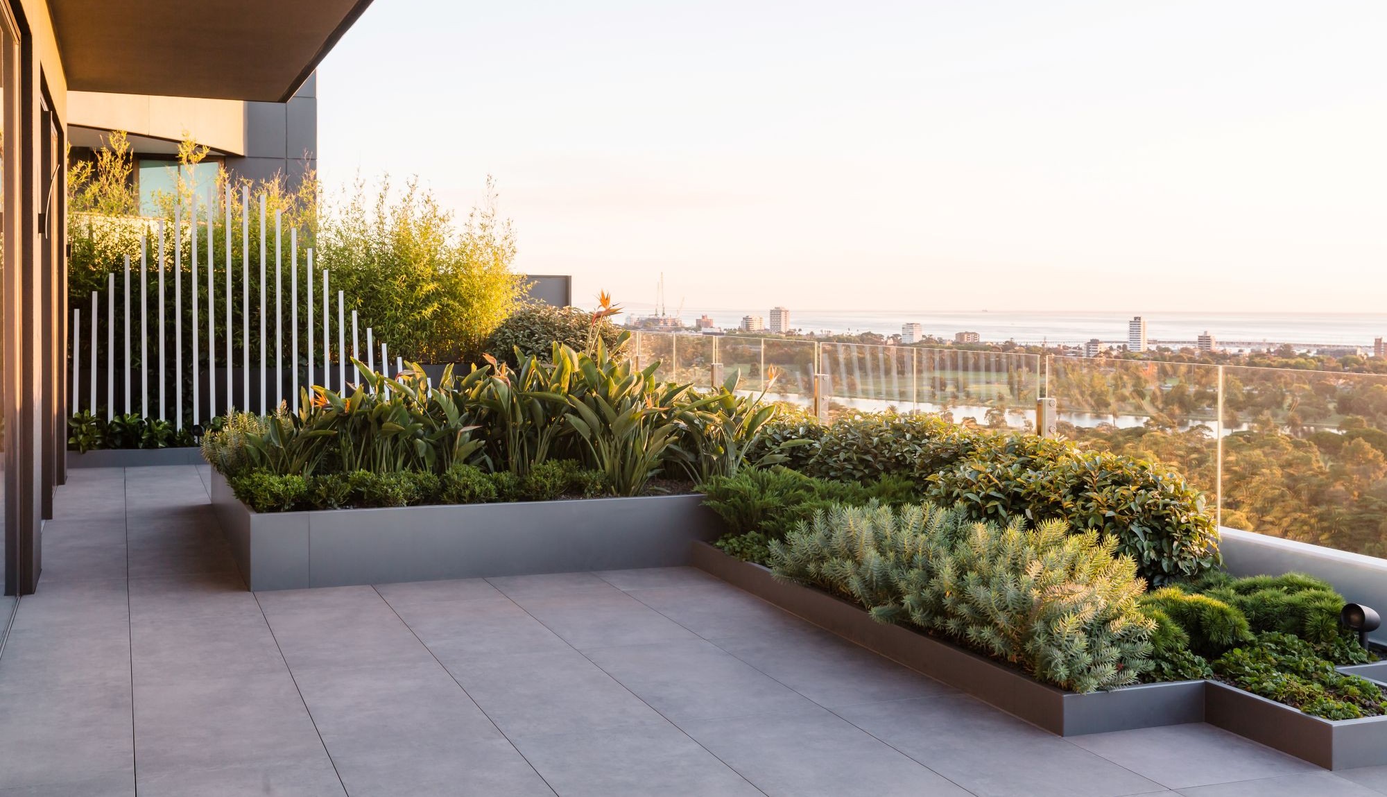 Rooftop terrace garden with POBOX planter boxes at golden hour, overlooking Albert Park, Melbourne